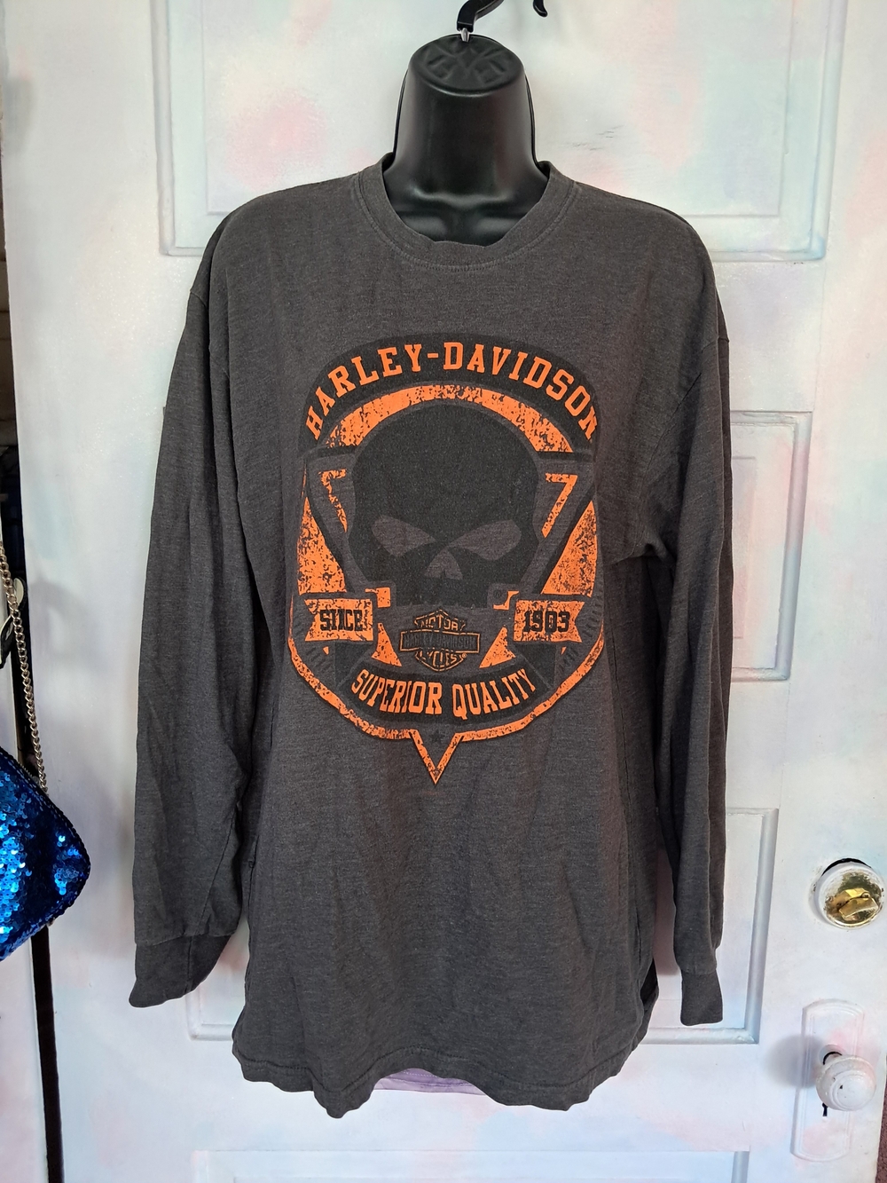 Harley-Davidson Charcoal Long Sleeve Tee with Orange Skull Graphic